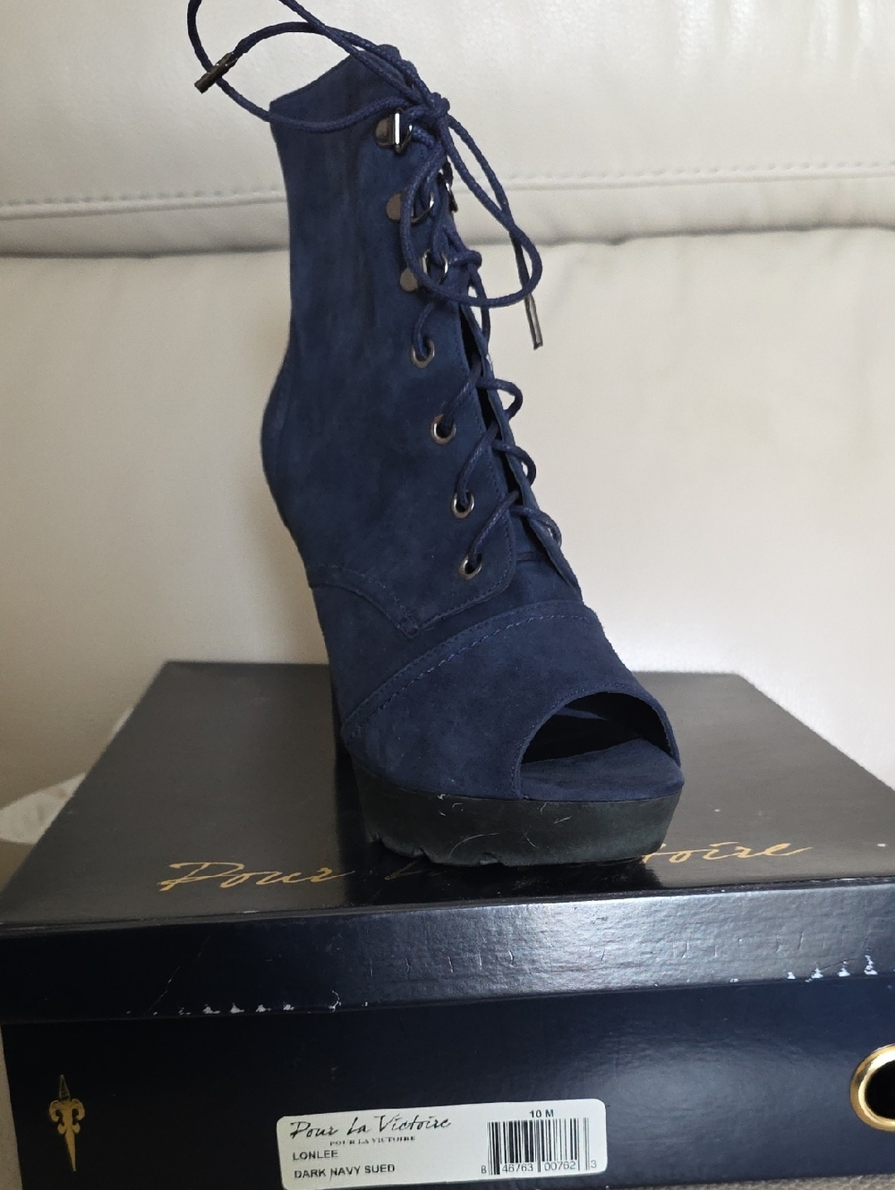Pour La Victoire Navy Suede Lace-Up Peep-Toe Heels